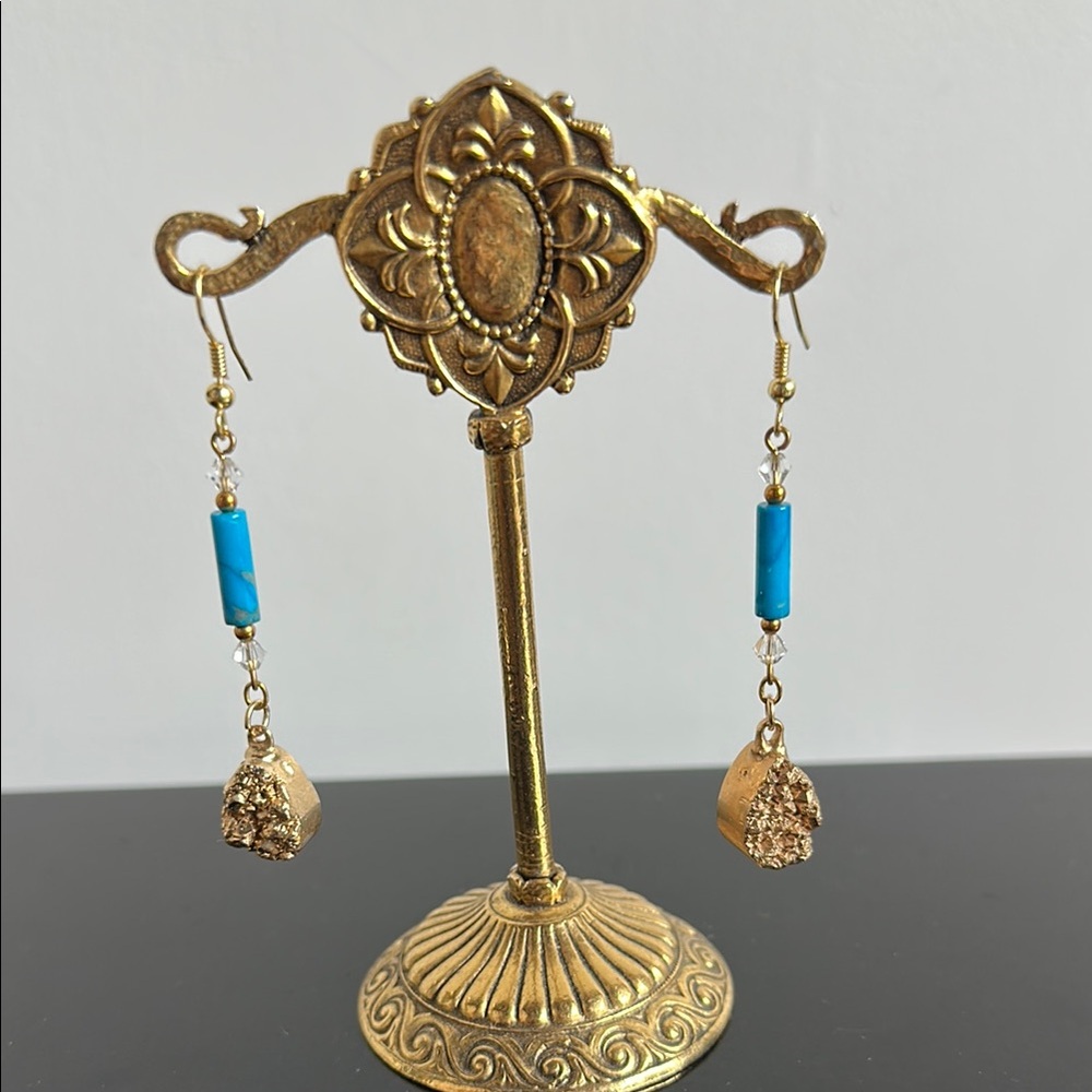 Gold and Blue Turquoise Bead Earrings